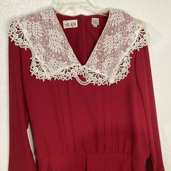 Vtg 80's‎ Nilani Red Applique Lace Pleated Tea Dress Pearls Fancy Party sz 11/12 - Picture 2 of 16